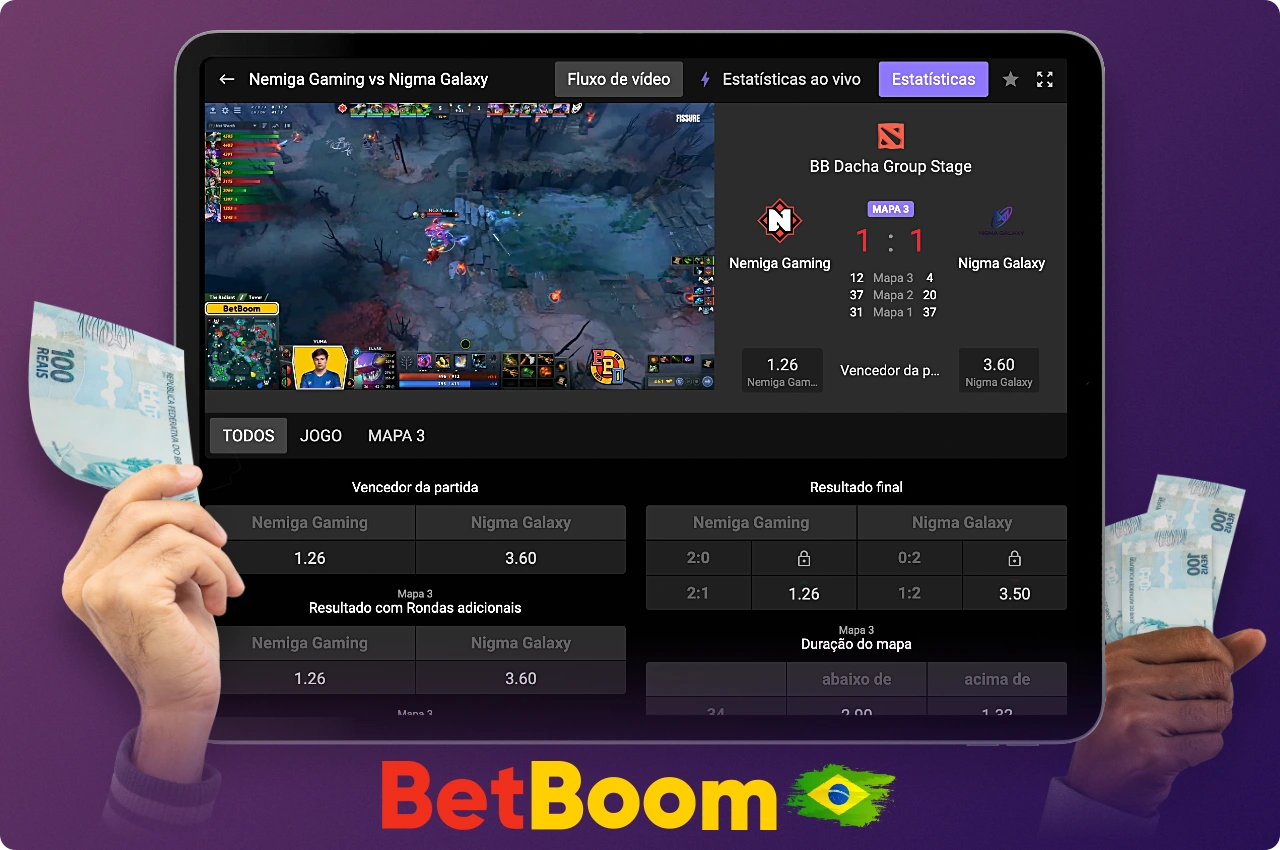 Os usuários do Betboom Brasil não só podem apostar em partidas ao vivo de Dota 2, mas também podem assistir a partidas ao vivo por streaming