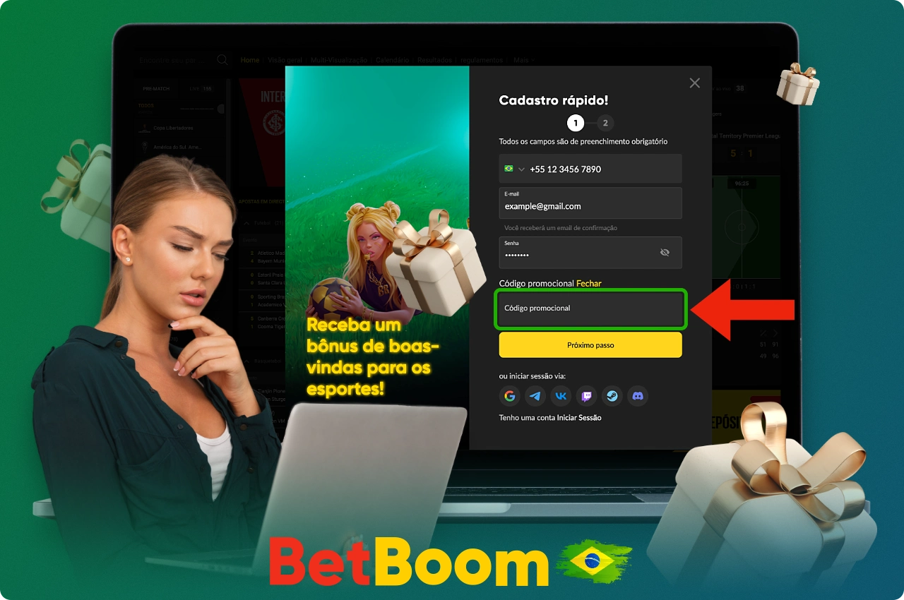 Você deve usar um código promocional especial do Betboom ao registrar uma nova conta